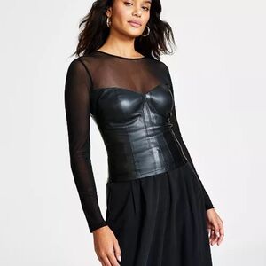 Bar III Black Textured Faux Leather Top